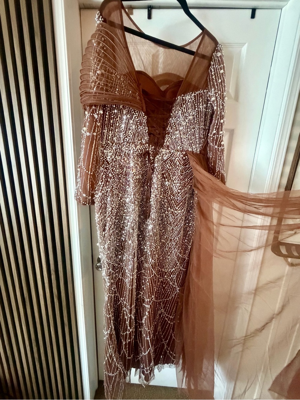 Embellished Brown Evening Gown with Sheer Tulle Overlay
